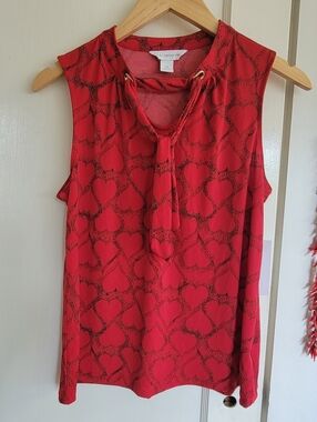 Liz Claiborne Red Heart-Print Tie-Neck Sleeveless Blouse